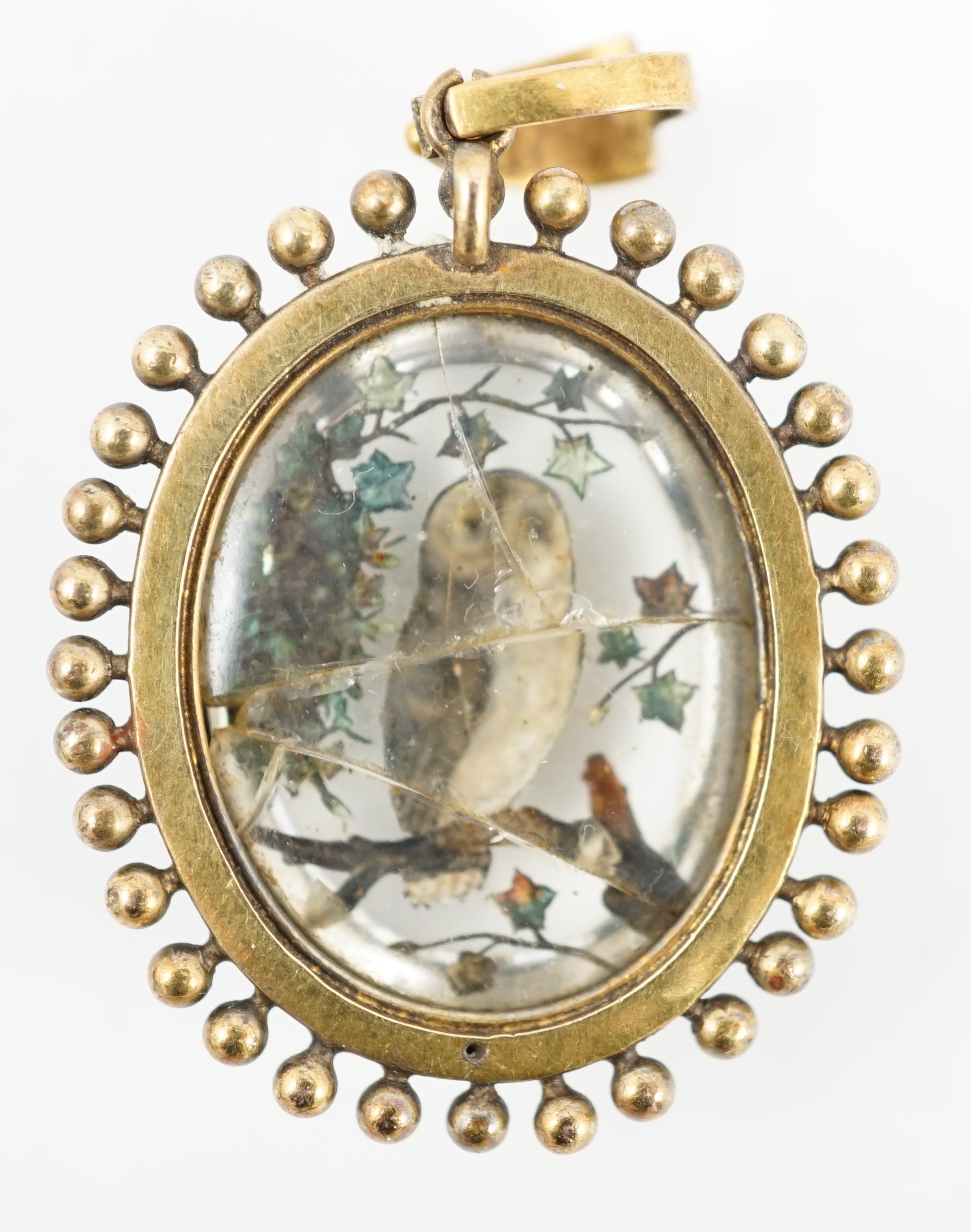 A Victorian yellow metal mounted Essex crystal oval pendant, depicting an owl upon a branch, amid foliage